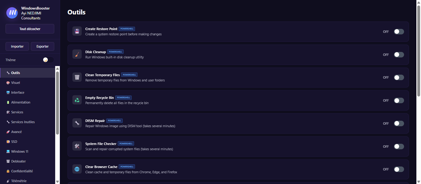 Interface WindowsBooster montrant les options de debloat
